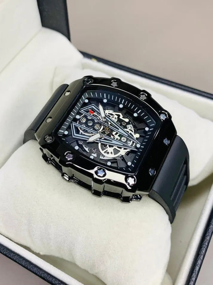 Richard Black Belt Skeleton Watch Black Rubber Strap