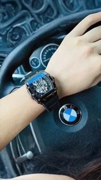 Richard Black Belt Skeleton Watch Black Rubber Strap
