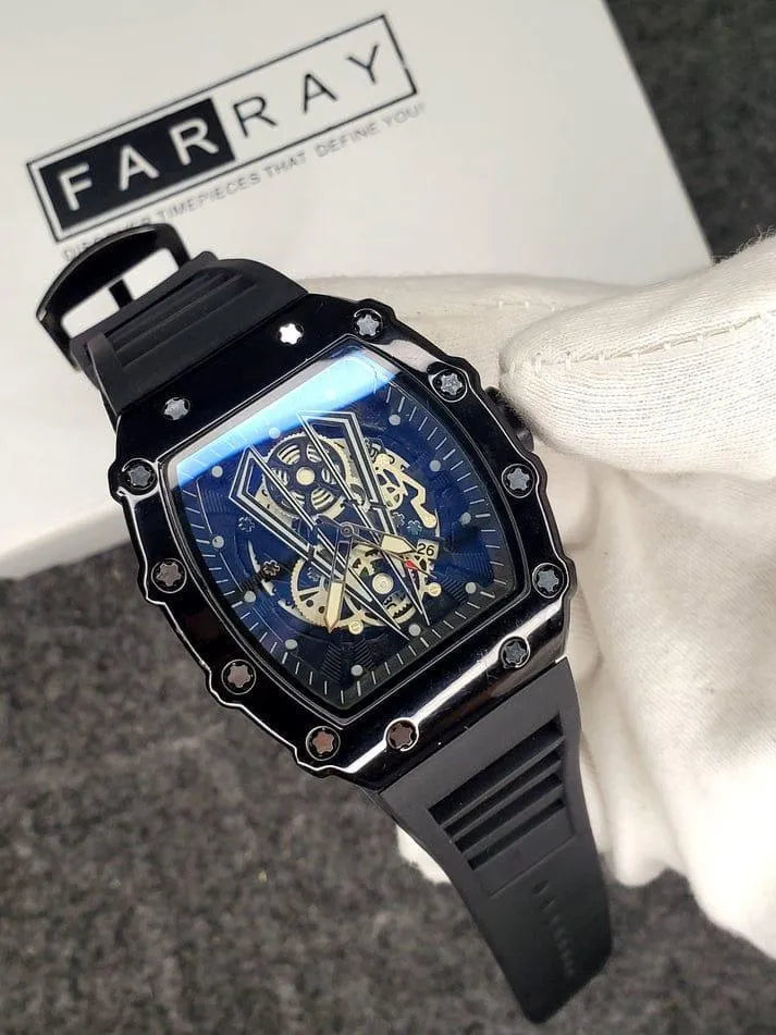 Richard Black Belt Skeleton Watch Black Rubber Strap