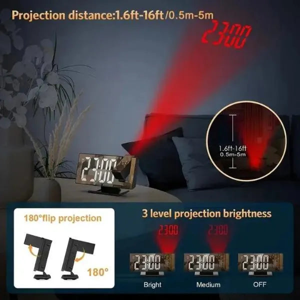 LED Projection Alarm Clock Black Mirror Design