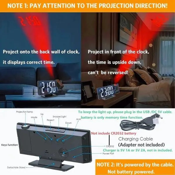 LED Projection Alarm Clock Black Mirror Design
